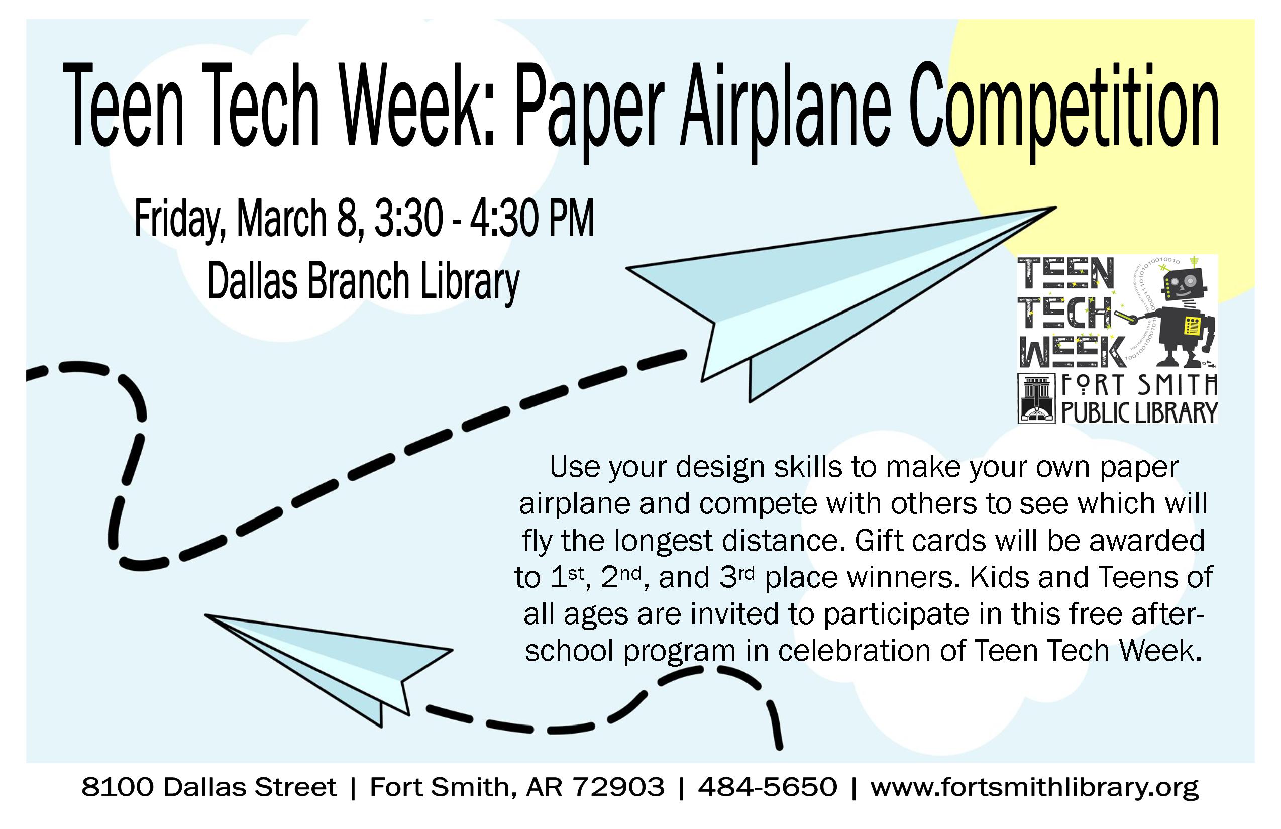 Teen Tech Week: Paper Airplane Competition informational banner