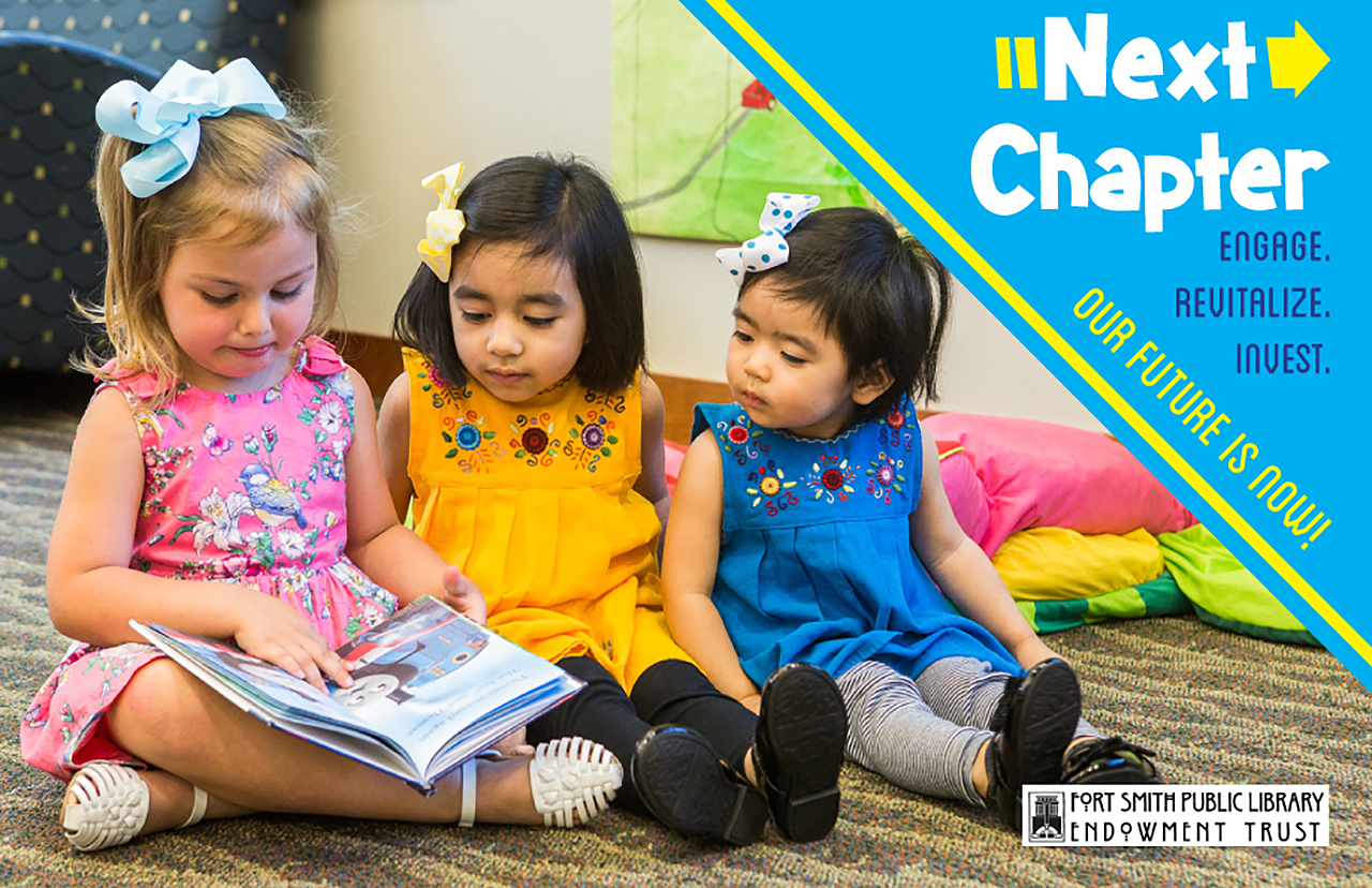 Next Chapter banner showing three young girls reading a book in the library