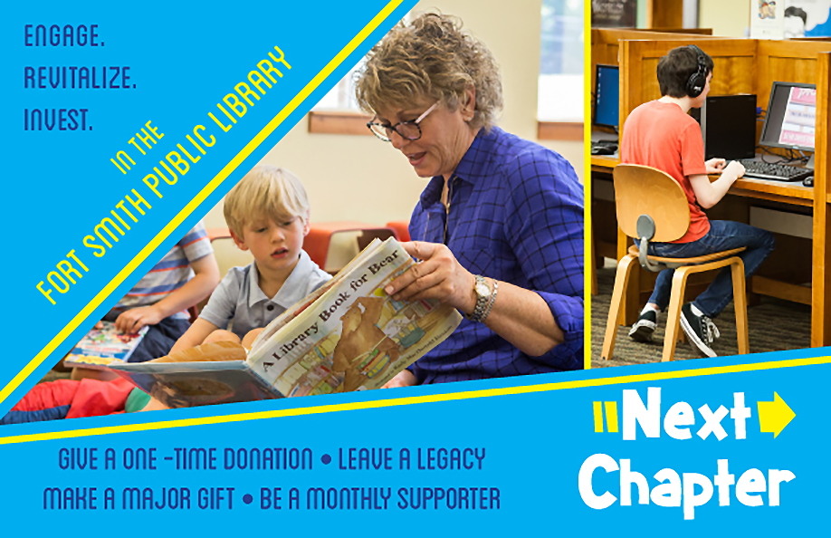 Next Chapter banner that shows woman reading to small boy and a teen using the library computers