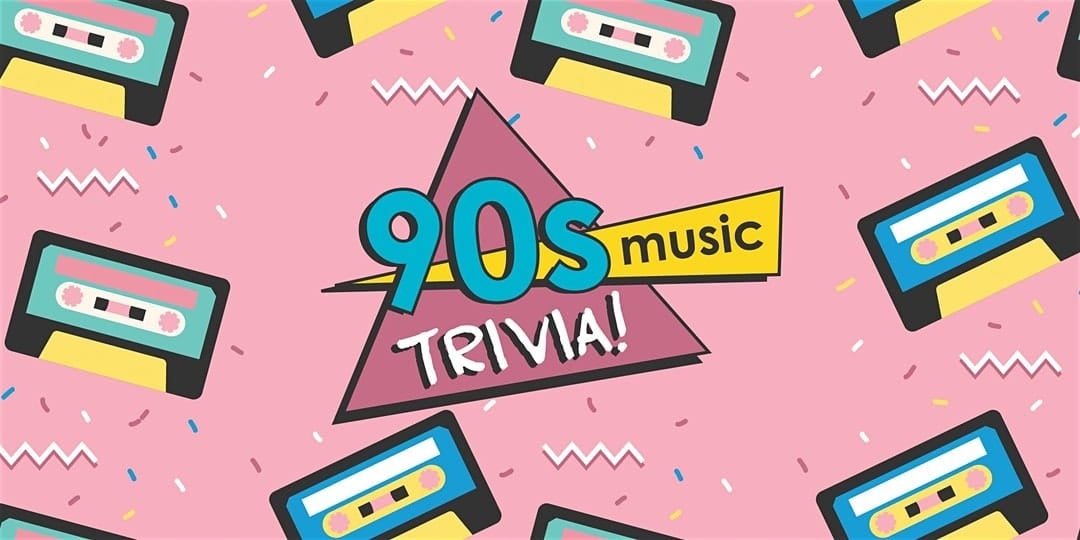 90s Music Trivia in multi colors against a pink background with music boxes all over. 