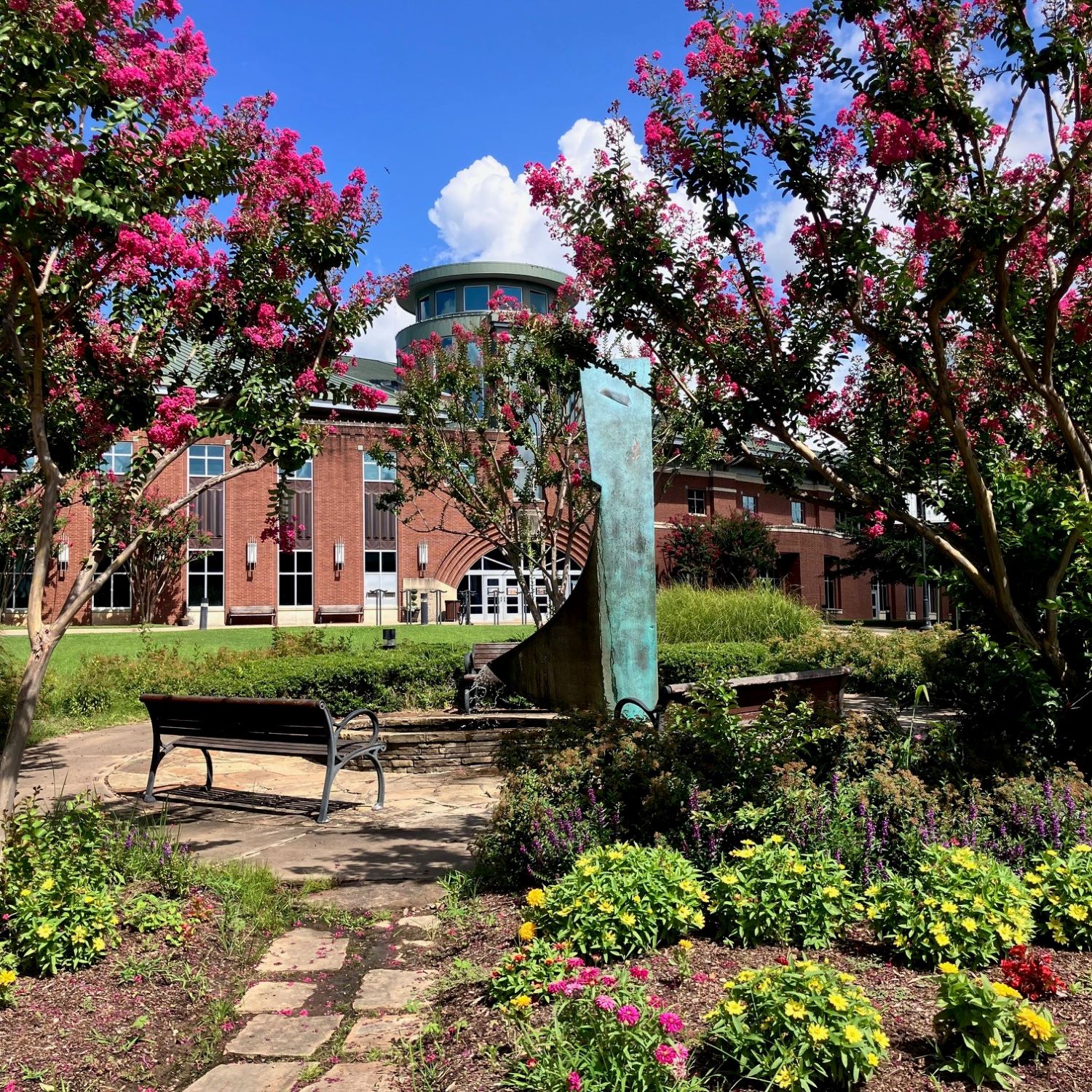 main library seen from the fountain in summer