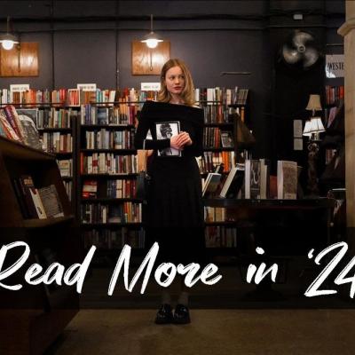 Women in book store with "Read More in '24" written below her