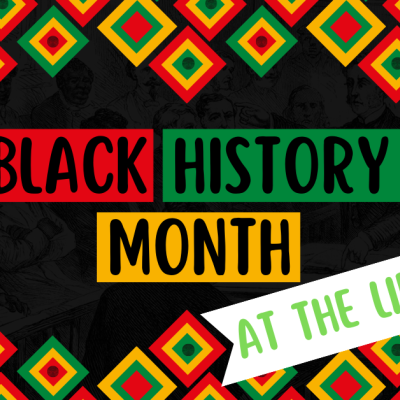 Black, yellow, green, and red sign promoting Black History Month at the Library