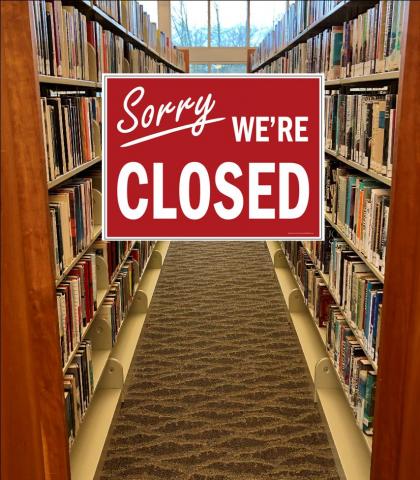 library book shelves with closed sign