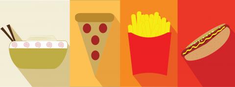 Picture of noodles, pizza, french fries, and hot dog. Food Trivia 
