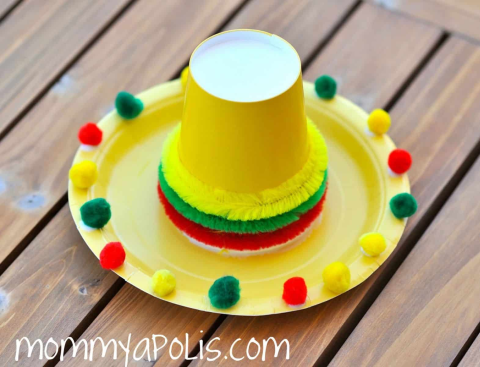 Yellow, green, and red sombero craft made from paper plate and cup