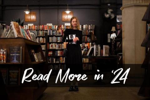 Women in book store with "Read More in '24" written below her