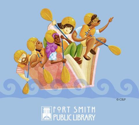 five adults paddling a book that is raft