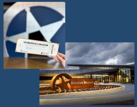 photo of Marshals Museum Pass in front of Marshals badge, and photo of the Marshals Museum