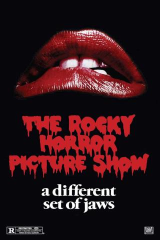 Red Lips agaisnt a black background. The Rocky Horror Picture Show is in red ink. 