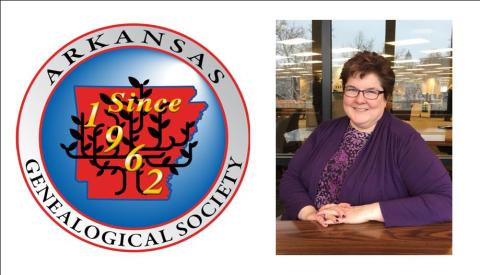 Arkansas Genealogical Society emblem and key note speaker Cyndi Ingle