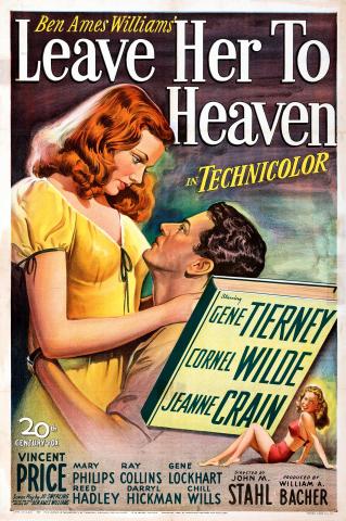 Leave her to Heaven movie poster. Women on top of man in embrace. 