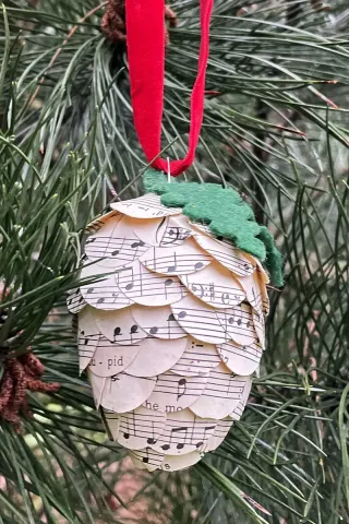 Pinecone made out of book pages. 