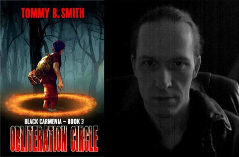 cover of Obliteration Circle book Chloe standing a ring of fire in the forest and photo of author Tommy B. Smith