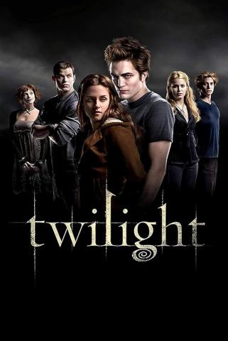 Group of teens against a black background with the bottom of the poster showing twilight spelled out in gold in lowercase font. 