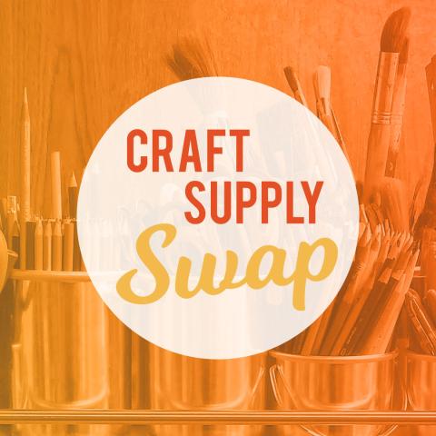 Craft Supply Swap poster with paintbrushes in background