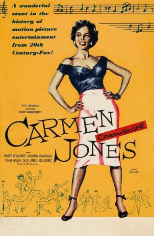 Carmen Jones Movie poster with Carmen Jones being the main image against a yellow background. 