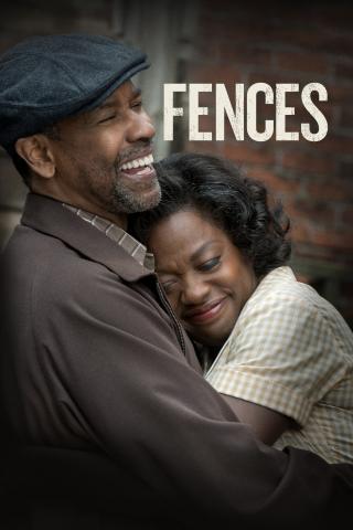 The movie poster for Fences has Denzel Washington embracing Viola Davis against a brick background. 