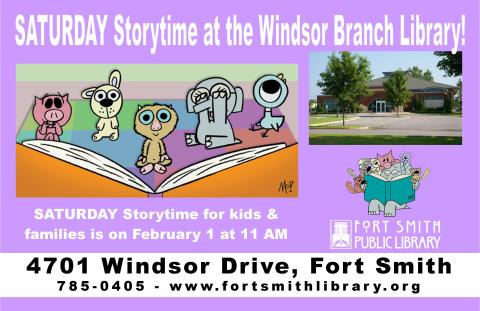 poster for Saturday Storytime featuring animal characters reading a book and a photo of the Windsor Branch Library