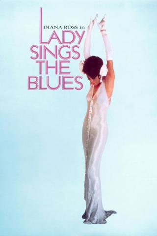 Lady Sings The Blue in pink writing against a blue background with Diana Ross holding her hand up. 