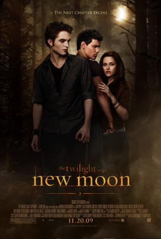 Group of teens against a black background with the bottom of the poster showing new moon spelled out in gold in lowercase font. 