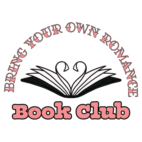 Bring Your Own Romance Book Club written out with a picture of a open book that has pages shaped like a heart. 