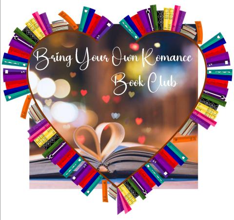 an open book with pages folded into a heart shape, with heart-shaped frame and the words "Bring Your Own Romance Book Club"