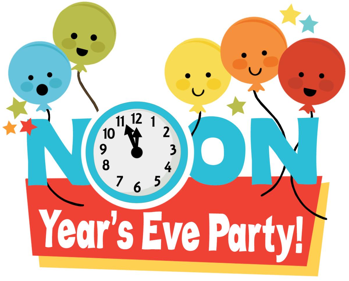 noon year's eve party sign with balloons and clock
