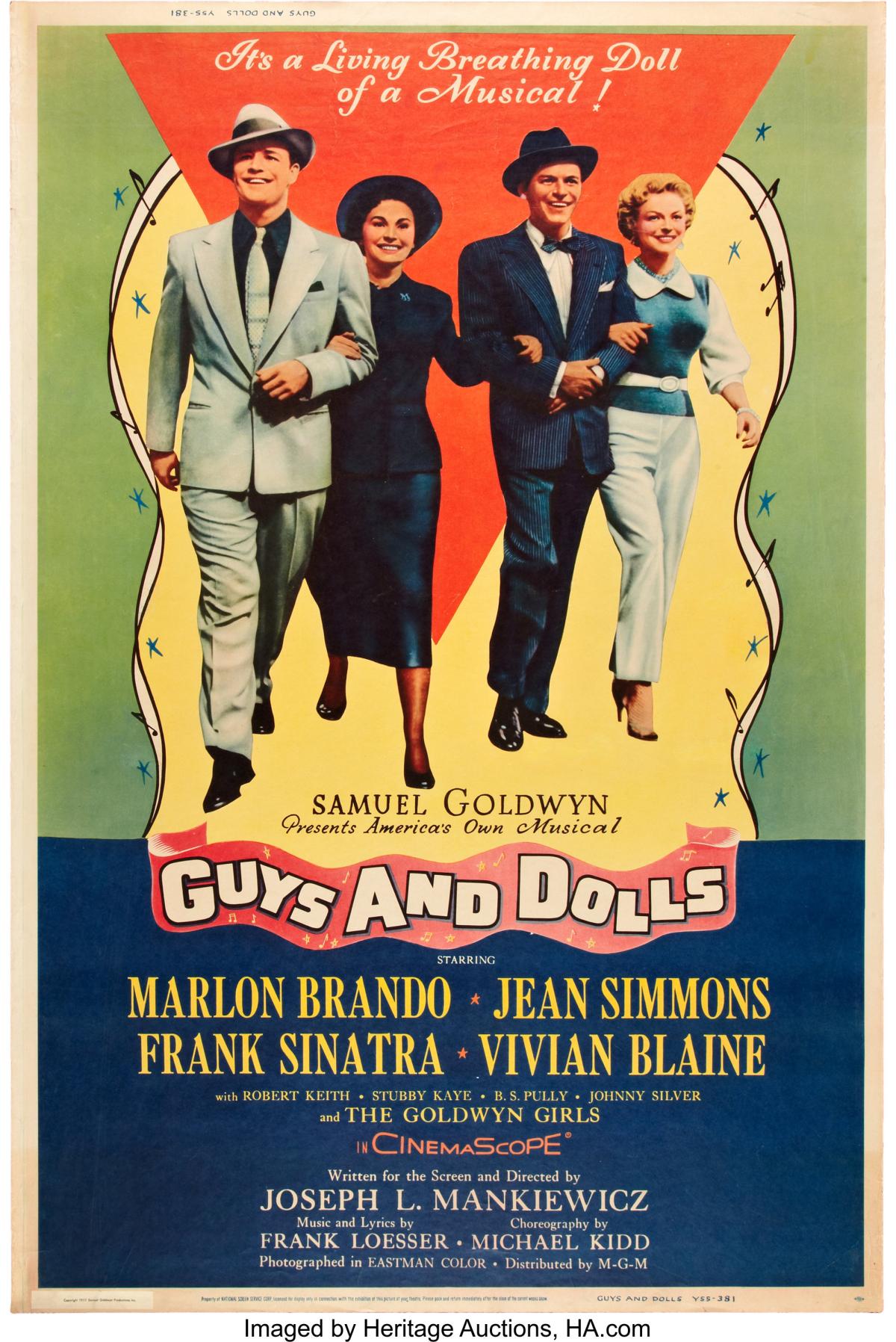 Movie poster for Guys and Dolls with two couples holding hands walking against a multicolor background. 