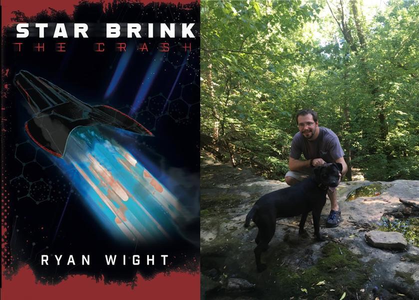 book cover of Star Brink: The Crash and photo of author Ryan Wight and his black dog in the woods