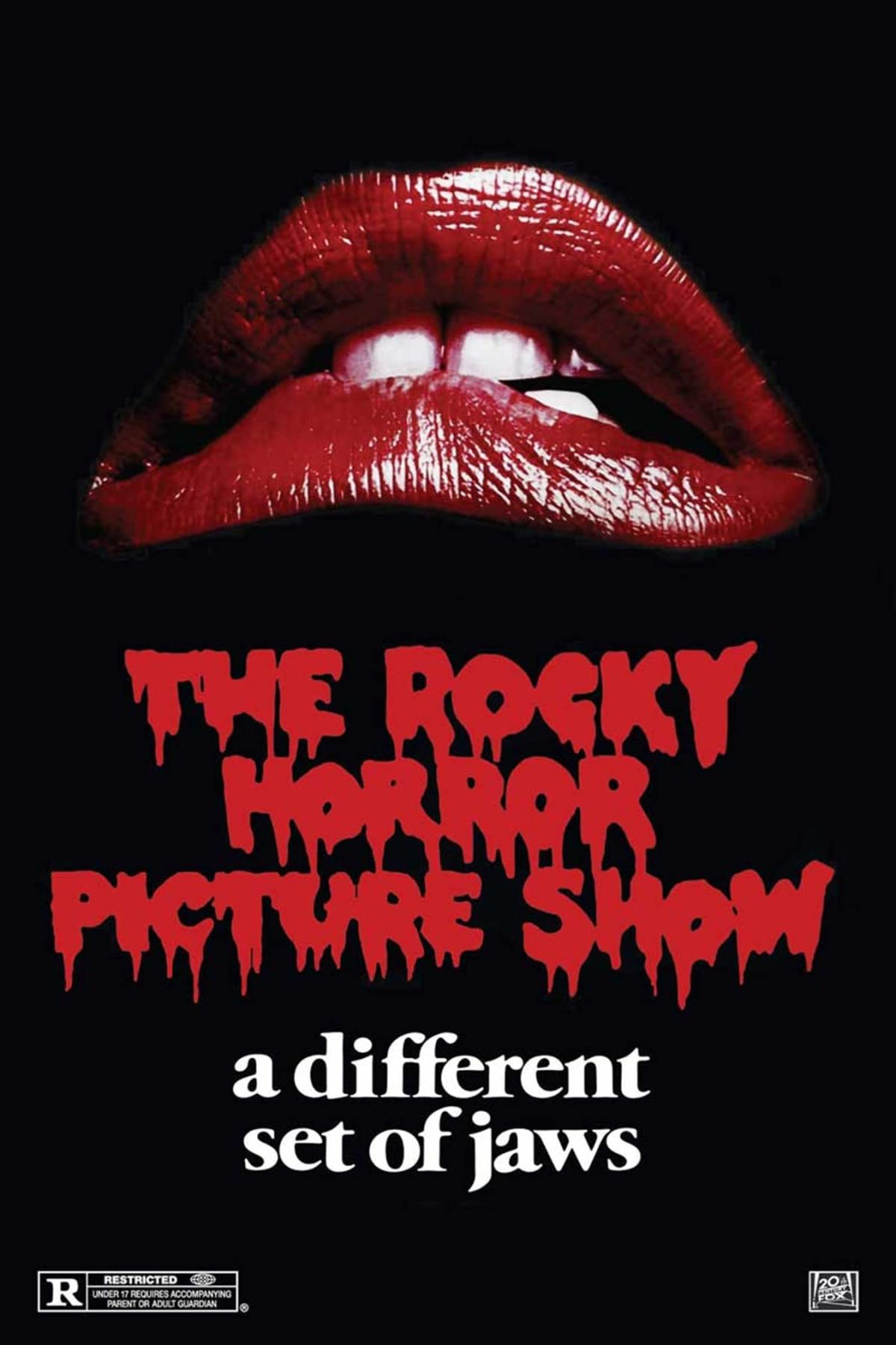 Red Lips agaisnt a black background. The Rocky Horror Picture Show is in red ink. 