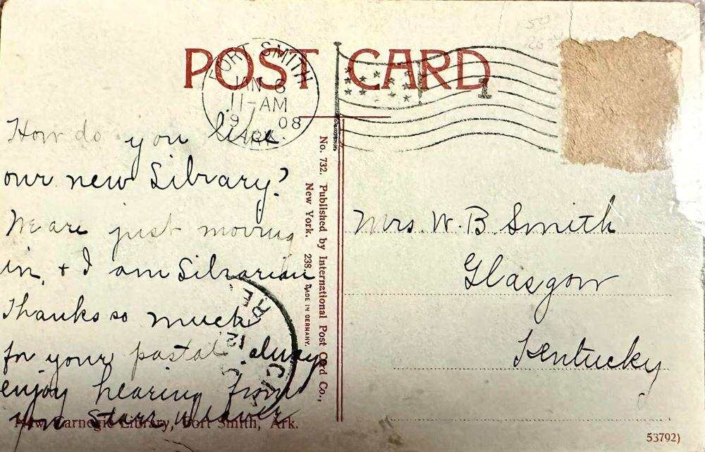 Carnegie Library postcard back back of postcard with message from Staff Weaver
