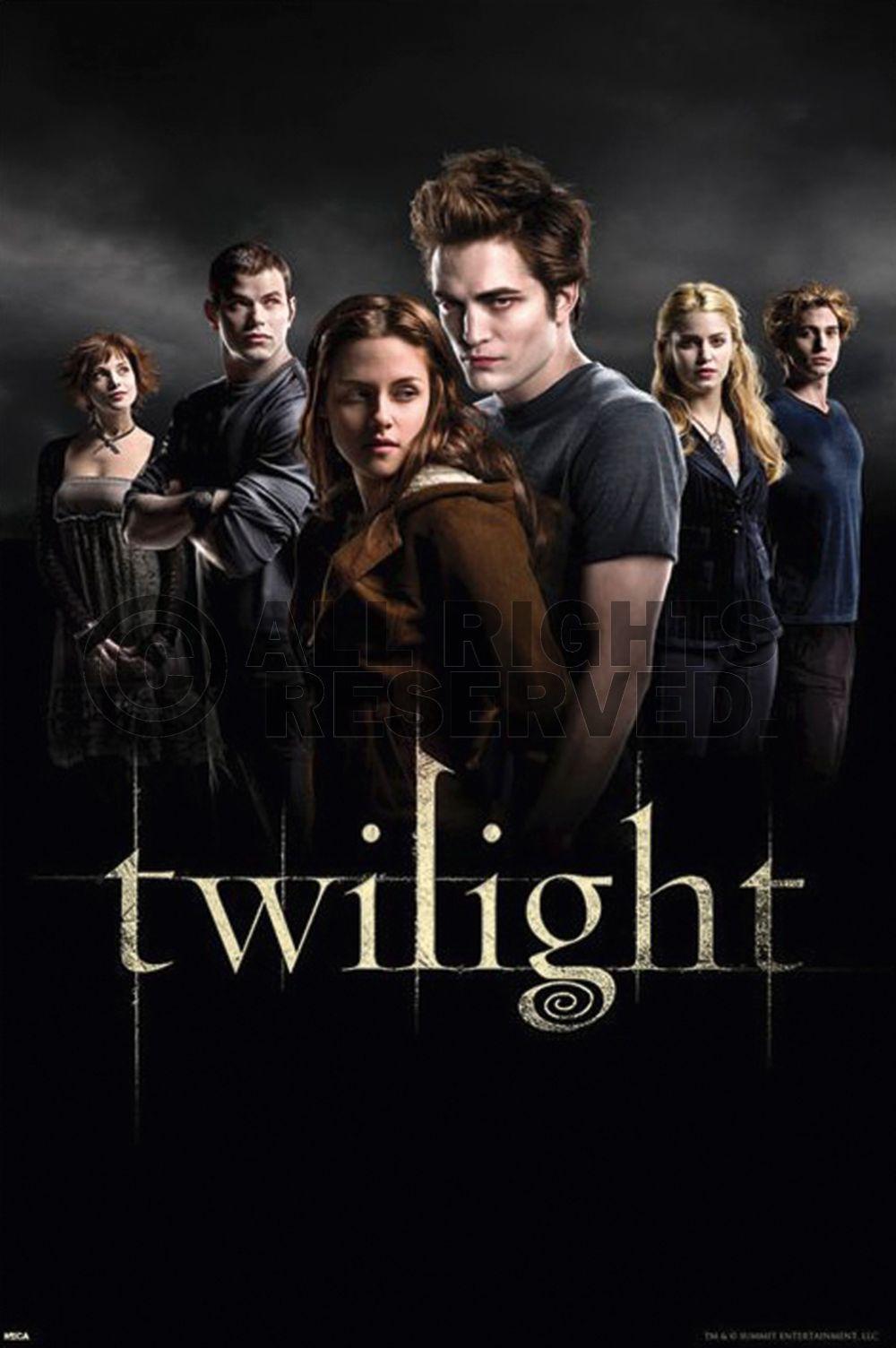 Group of teens against a black background with the bottom of the poster showing twilight spelled out in gold in lowercase font. 